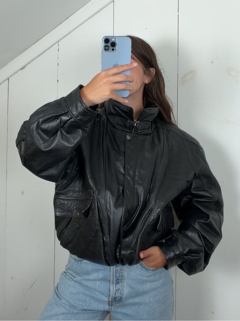 Vintage Berman's Black Genuine Leather Bomber Jacket Men's XL Funnel Neck 90s